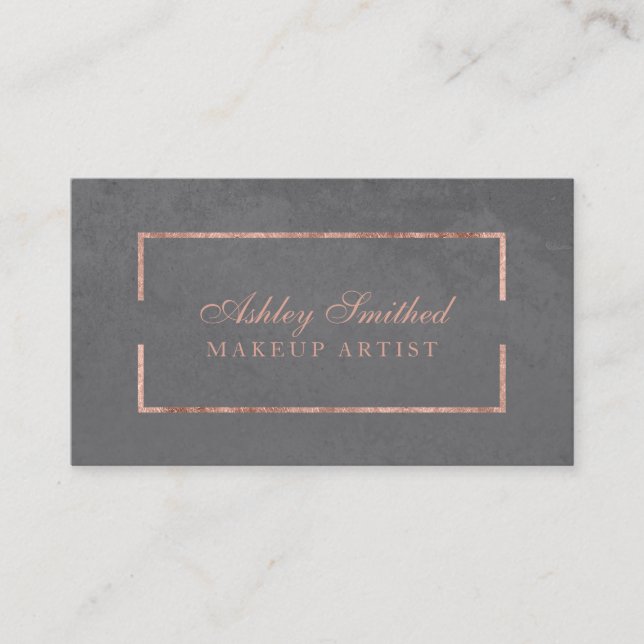 Modern faux rose gold frame grey cement makeup business card (Front)