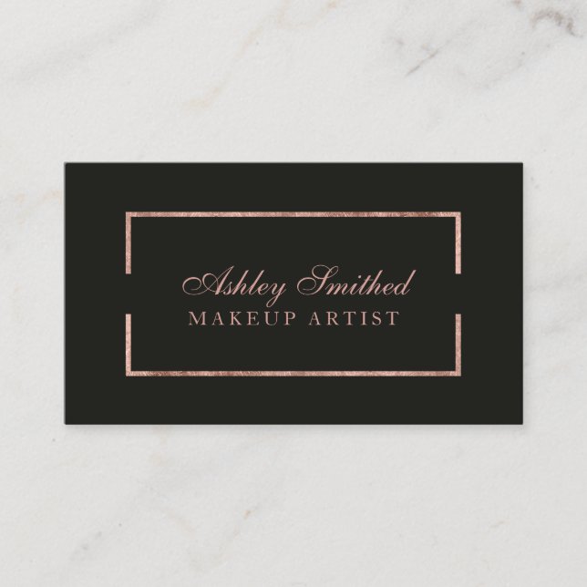 Modern faux rose gold frame grey simple makeup business card (Front)