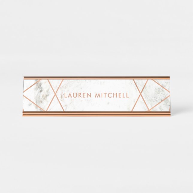 Modern Faux Rose Gold Geometric on White Marble Desk Name Plate (Front)