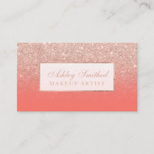 Modern faux rose gold glitter coral ombre makeup business card