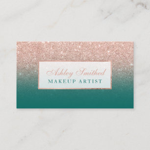 Modern faux rose gold glitter green ombre makeup business card