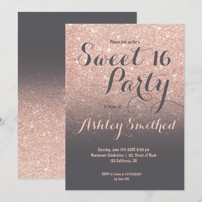 Modern faux rose gold glitter grey Sweet 16 Invitation (Front/Back)