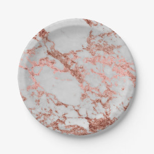 Modern faux rose gold glitter marble texture image paper plate