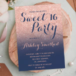 Modern faux rose gold glitter ombre navy Sweet 16 Invitation<br><div class="desc">A modern,  pretty faux rose gold glitter shower ombre with navy bluecolor block Sweet 16 birthday party invitation with rose gold ombre pattern fading onto a navy blue background. Perfect for a princess Sweet sixteen,  perfect  for her,  the fashionista who loves modern pattern and glam</div>