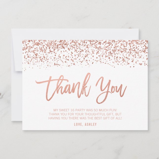 Modern Faux Rose Gold Glitter Sweet 16 Thank You Card (Front)