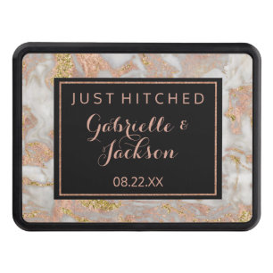 Modern Faux Rose Gold Marble Just Hitched Wedding Trailer Hitch Cover