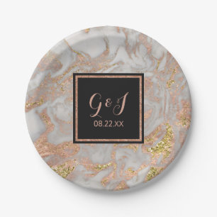 Modern Faux Rose Gold Marble Monogram Wedding Paper Plate