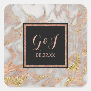 Modern Faux Rose Gold Marble Monogram Wedding Square Sticker