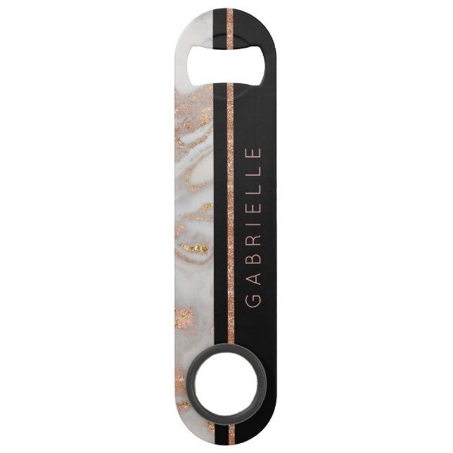 Modern Faux Rose Gold Marble Swirl Monogram Bar Key (Back)