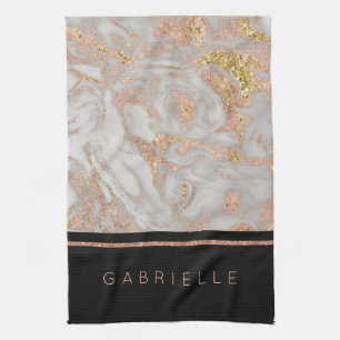 Modern Faux Rose Gold Marble Swirl Monogram Kitchen Towel