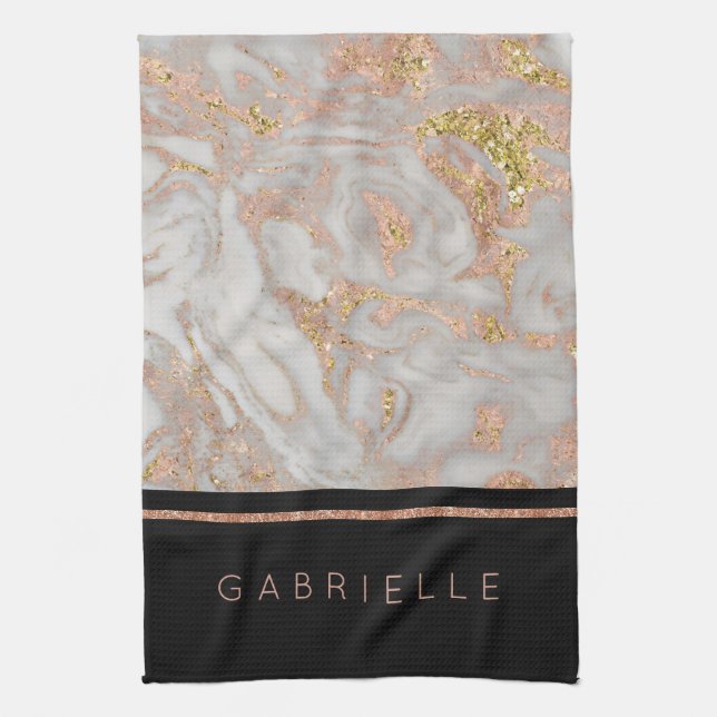 Modern Faux Rose Gold Marble Swirl Monogram Kitchen Towel (Vertical)