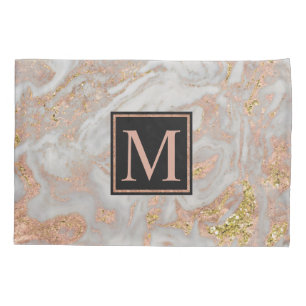 Modern Faux Rose Gold Marble Swirl Monogram Pillowcase