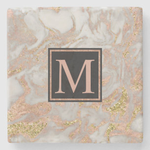 Modern Faux Rose Gold Marble Swirl Monogram Stone Coaster