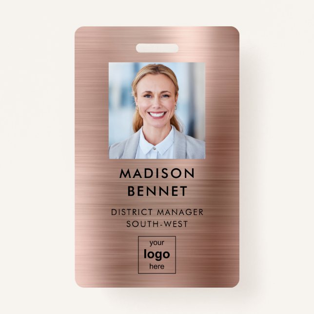 Modern Faux Rose Gold Metallic Corporate Photo Badge (Front)
