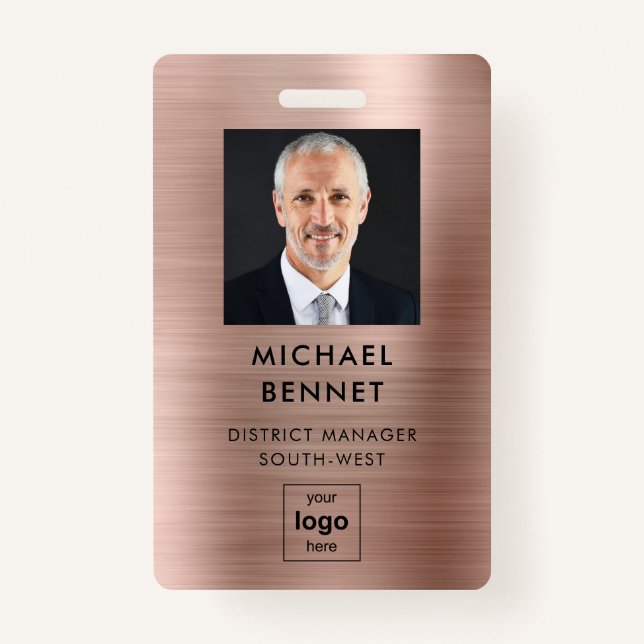 Modern Faux Rose Gold Metallic Corporate Photo ID Badge (Front)