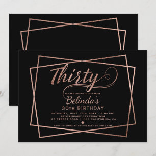 Modern faux rose gold script black thirty invitation