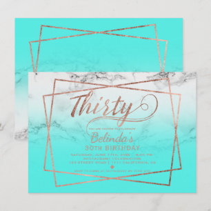 Modern faux rose gold script marble teal thirty invitation