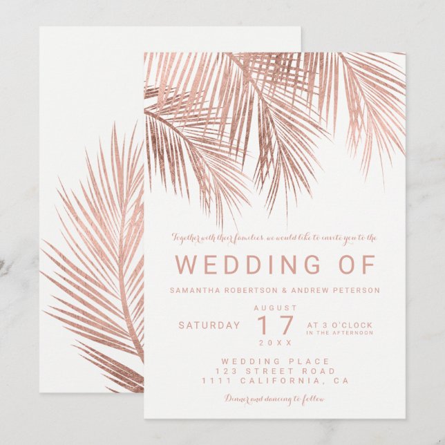 Modern faux rose gold tropical palm tree wedding  invitation (Front/Back)