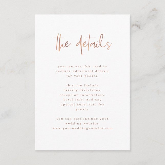 Modern Faux Rose Gold | Wedding Guest Details Enclosure Card (Front)