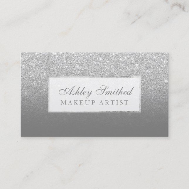 Modern faux silver glitter gray ombre makeup business card (Front)
