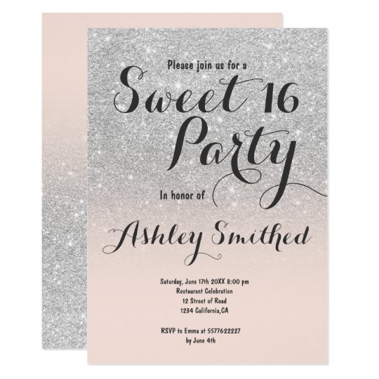 Modern faux silver glitter ombre blush Sweet 16 Card