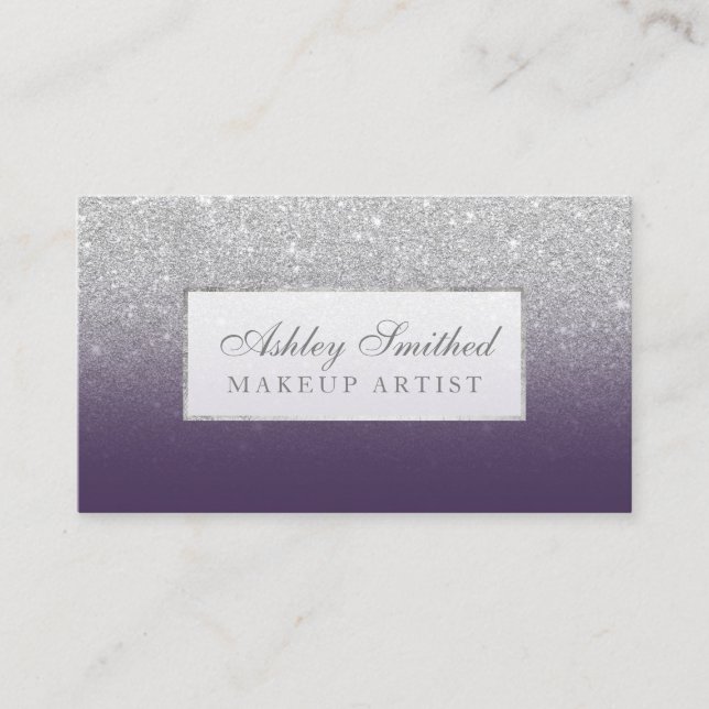 Modern faux silver glitter purple ombre makeup business card (Front)