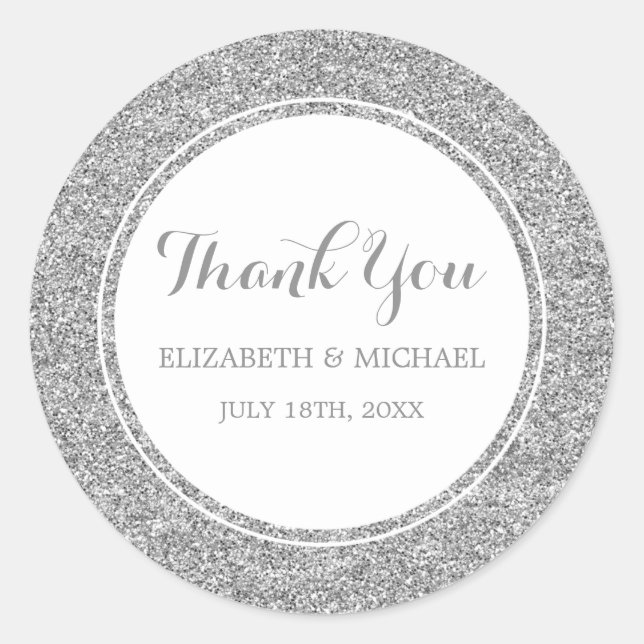Modern Faux Silver Glitter Wedding Thank You Classic Round Sticker (Front)