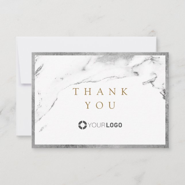 Modern faux silver marble luxe business thank you card (Front)
