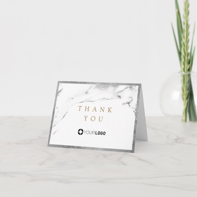 Modern faux silver marble luxe business thank you card (Front)