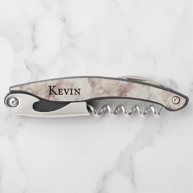 Modern Faux White and Rose Marbled Personalized   Corkscrew (Front)
