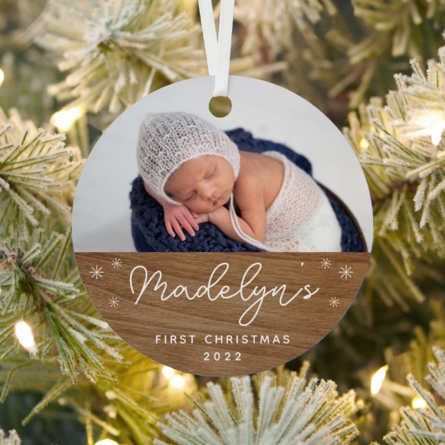 Modern Faux Wood Baby's First Christmas Photo Metal Ornament (Insitu)