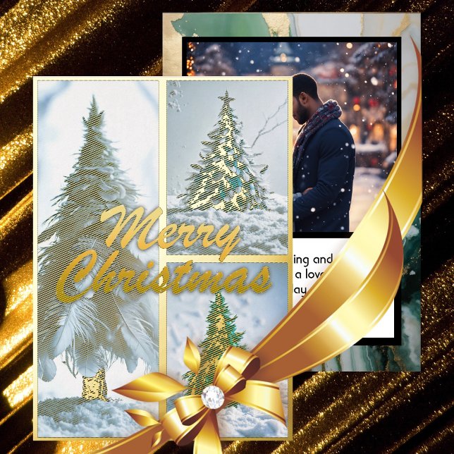 Modern Feather Christmas Tree Collage Foil Holiday Card (Real FOIL Full Front - Trio of Miniature Feather Trees by Artist Pansylee)