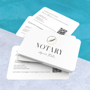 Modern Feather Pen Logo Notary Writer QR Code Business Card