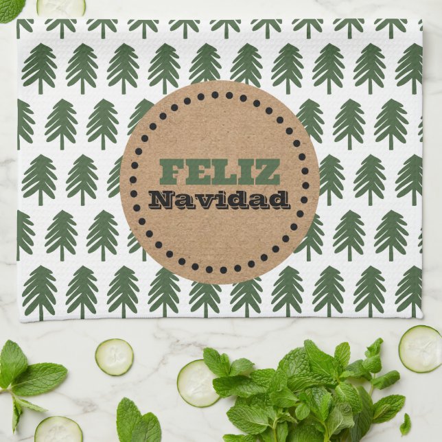 Modern FELIZ NAVIDAD Christmas Tree Kitchen Towel (Folded)