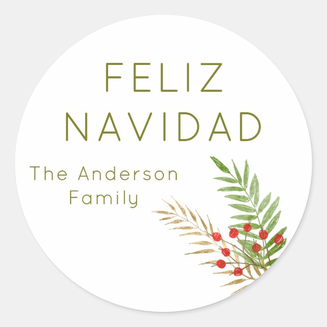 Modern Feliz Navidad Holly Spanish Christmas Classic Round Sticker (Front)