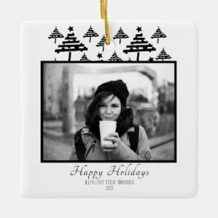 Modern Festive Black and White Photo Holiday Ceramic Ornament