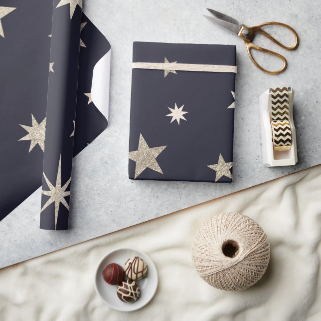 Modern Festive Black Gold Star Roll  Wrapping Paper (Crafts)
