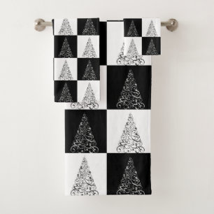 Modern Festive Black White Christmas Tree Pattern Bath Towel Set