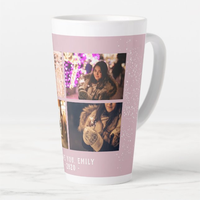 Modern Festive Blush Pink 4 Photo Collage Holidays Latte Mug (Right Angle)