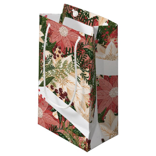 Modern Festive Botanical Poinsettia Holiday Small Gift Bag (Front Angled)