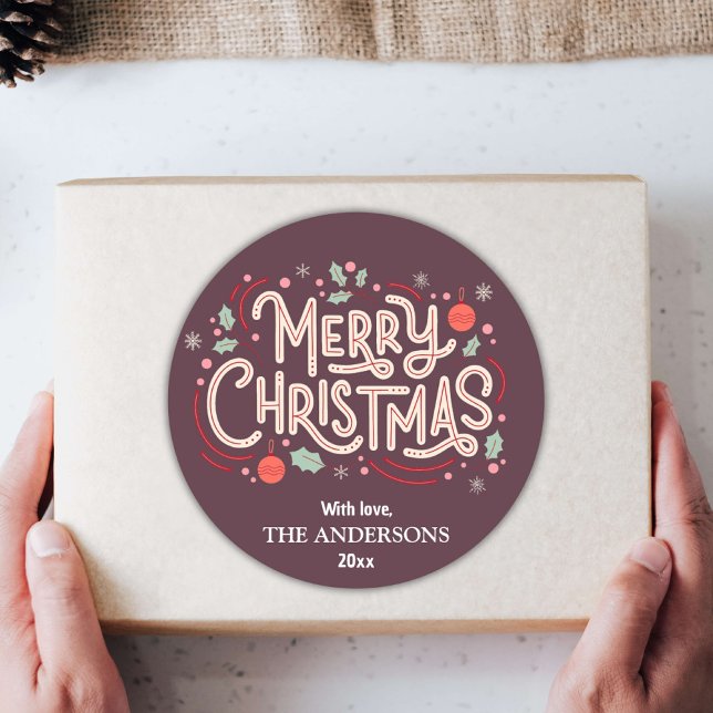 Modern festive burgundy & white Merry Christmas  Classic Round Sticker (Creator Uploaded)