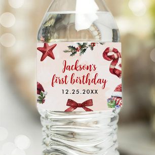 Modern Festive Christmas 1st Birthday Party Water Bottle Label