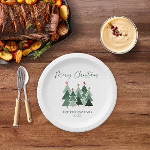 Modern Festive Christmas Trees Typography Paper Plate