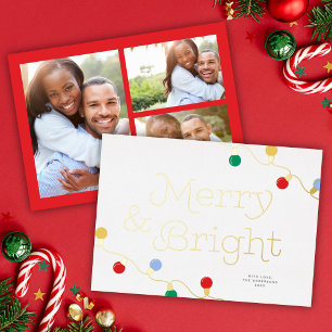 Modern Festive Colourful Christmas Lights 3 Photos Foil Holiday Card