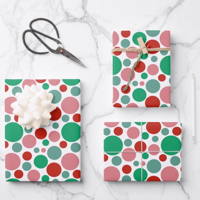 Modern Festive Cute Polka Dot Red Pink Green  Wrapping Paper Sheet (Front)