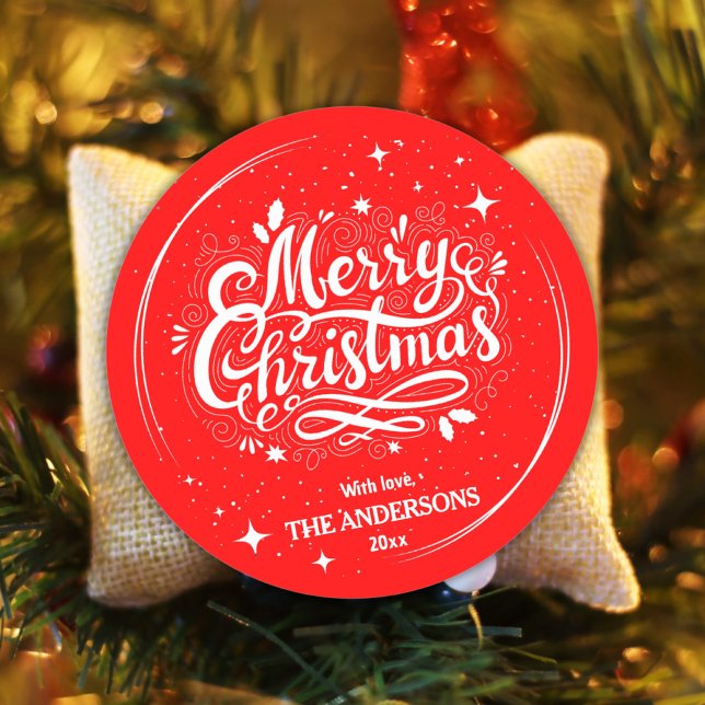 Modern festive cute red & white Merry Christmas  Classic Round Sticker (Creator Uploaded)