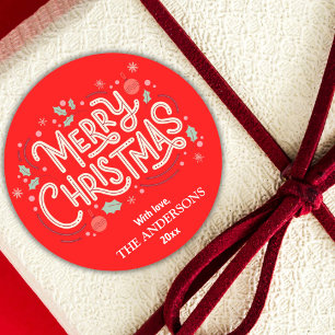 Modern festive cute red & white Merry Christmas   Classic Round Sticker