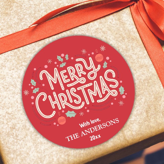 Modern festive cute red & white Merry Christmas  Classic Round Sticker (Creator Uploaded)