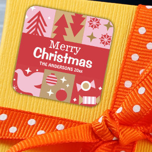 Modern festive cute red & white Merry Christmas Square Sticker