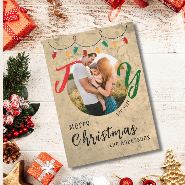 Modern Festive Family Photo Rustic Joy  Holiday Card (Creator Uploaded)